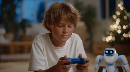 A child learning to use a simple educational controller connected to a STEM robot, bright lights and friendly icons guiding playful interaction — tech learning for kids, early coding education, and