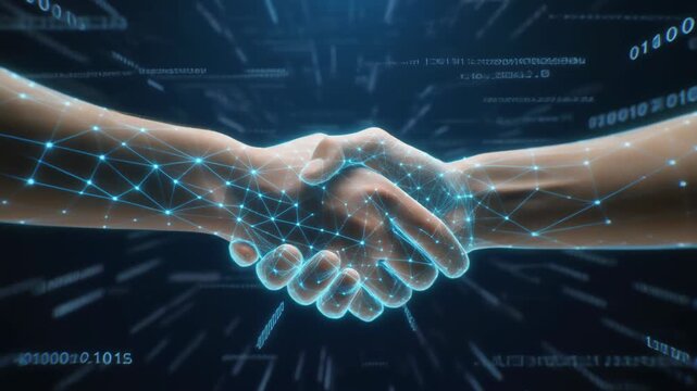 Human and Digital Wireframe Handshake with Binary Code Representing Artificial Intelligence Partnership and Future Technology