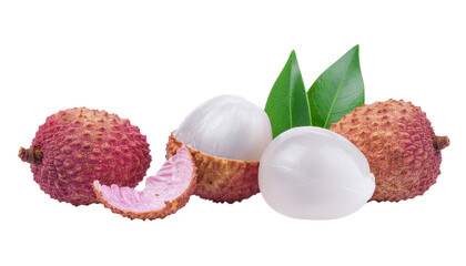 Lychee slices and halves aligned on white background