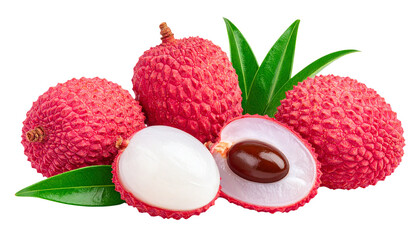 Lychee slices and halves aligned on white background