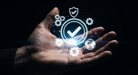 Hand holding digital security and global network icons