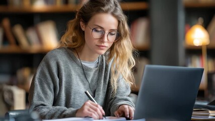 Engaged student participating in online learning while reviewing course materials in a cozy study area with warm lighting - Powered by Adobe