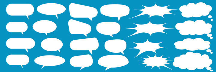 A set of chat box designs for comments on social media or comics. Vector designs of speech bubbles, text boxes, and conversation chat columns in comics.	