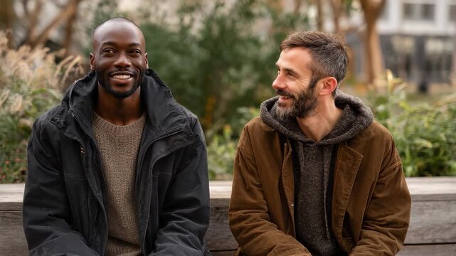 Two gay men sitting outside in a park during daytime, sharing laughter and enjoying each other's company in a relaxed atmosphere