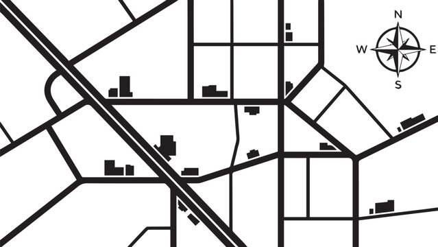 City map with roads buildings and compass showing directions north
