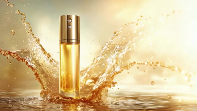 Luxury gold perfume bottle splashing in golden liquid with dramatic lighting, 4k video