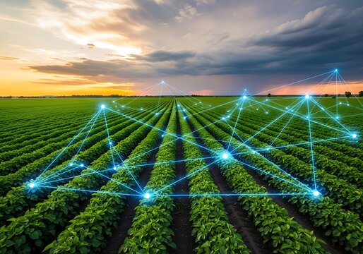 Green agricultural field with interconnected glowing nodes at sunset - Powered by Adobe