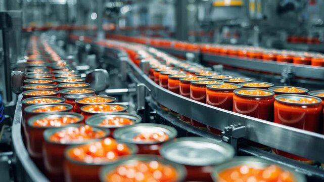 Automation enhances efficiency in a vibrant food production facility showcasing jars filled with sauce on a busy conveyor belt during daylight hours