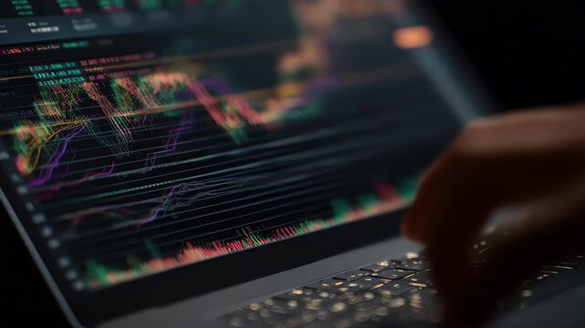 Graph displaying fluctuating numbers and trends on laptop screen in a dimly lit workspace, emphasizing data analysis and financial monitoring practices