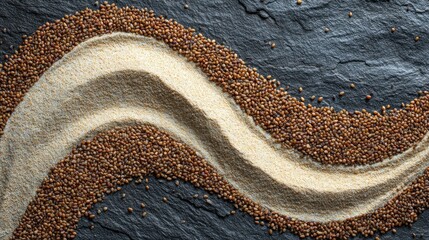 Artistic arrangement of grains on slate background for culinary design