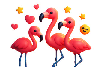 Obraz premium Three pink flamingos in a cute cartoon style with hearts, stars, and a smiling emoji, isolated on a clean white background. Ai generative