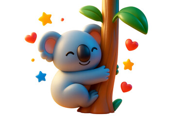 Naklejka premium Cute cartoon koala hugging a tree with colorful hearts and stars, smooth style, isolated on white background, concept of love and animals. Ai generative