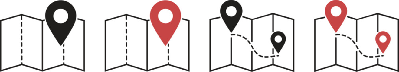 Folded paper map icons with GPS location pin and route path, Red and black navigation waypoint markers, Travel destination tracking graphics for UI UX design, Map pointer vector illustration set.