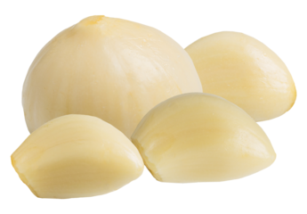 a group of fresh, peeled garlic cloves presented in a compact cluster on a transparent background, essential for cooking.