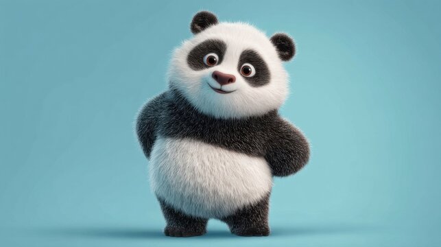 A cute three-dimensional animated panda character stands upright with crossed arms, featuring round cheeks,