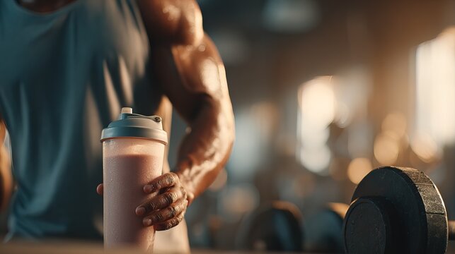 Close up Muscular Man Holding Protein Shake After Intense Workout