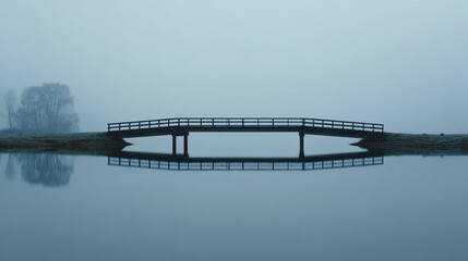 Peaceful Foggy Morning with Reflection of a Bridge in Water