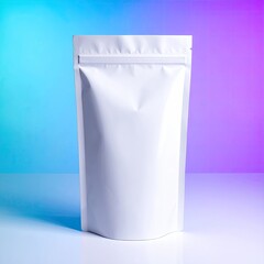 White stand-up pouch with zipper closure set against a colored background
