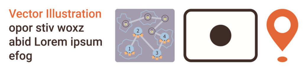 Navigation systems, data connectivity, location accuracy, travel route mapping, digital tools, geographic solutions. A network graph, single icon and map marker. Navigation systems and data © robu_s