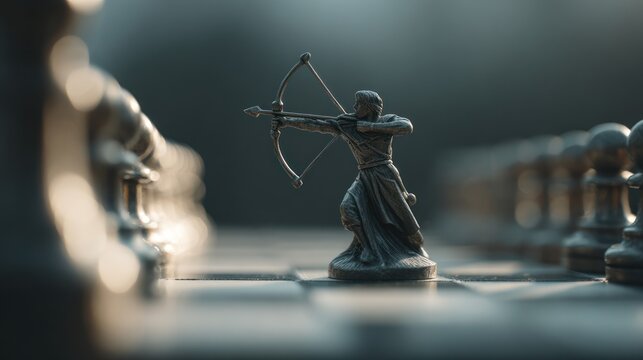 Archer Figurine on Chessboard with Focused Depth of Field Effect
