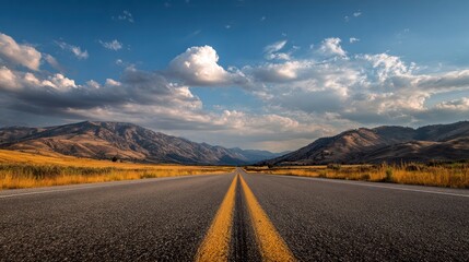 Serene Open Road Through Scenic Mountain Landscape Under Blue Sky