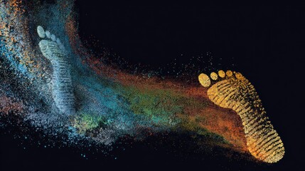 Footprints in Colorful Dust Forming Path on Dark Background