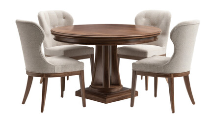 Round wooden dining table with four upholstered chairs elegant modern furniture set interior isolated on white background