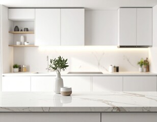Modern, bright white kitchen interior with marble countertop and decor