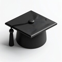 A close-up view of a black graduation cap with tassel on white