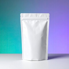 White pouch stands centered against a teal/purple gradient backdrop