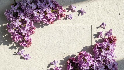 Spring Lilac Flowers Frame on Textured White Background for Floral Greeting Card Design