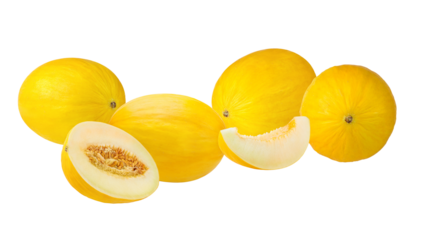 a vibrant arrangement of ripe yellow melons, featuring whole fruits and a detailed cross-section, showcasing their juicy flesh and golden rind against a clean black backdrop.