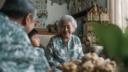 Warm family moment with grandmother. Happy senior woman enjoys time with her grandson. Indonesian heritage, cozy home interior. Generational bonding, love, togetherness.