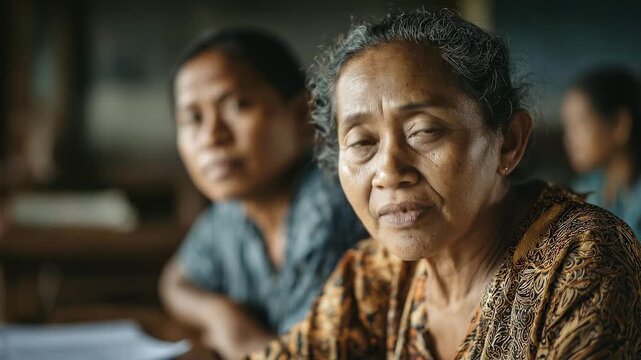 Portrait of Indonesian senior women. Wise older woman looking at camera. Showing genuine emotion. Traditional batik clothing. Group of mature females. Peaceful gathering.