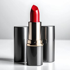 Crimson lipstick on display, black and gold tube, white backdrop, shadow