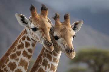 Obraz premium Baby giraffe close up portrait showing bonding and affection in natural habitat with soft background and warm light creating peaceful and tender moment