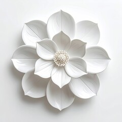 White, stylized flower sculpture with pearl center and surrounding petals