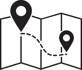 Folded paper map icon with GPS location pin and route path, Black navigation waypoint markers, Travel destination tracking graphics for UI UX design, Map pointer vector illustration.