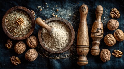 Walnut flour and spice grinders on rustic blue background