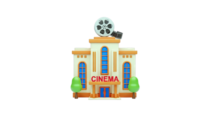 Cartoon Cinema Building with Film Reel and Trees
