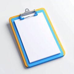 Empty paper held by a blue and yellow clipboard on a white surface