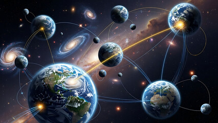 Connected network of planets in a celestial expanse with glowing lines representing data flow and communication across different worlds forming an intricate cosmic web