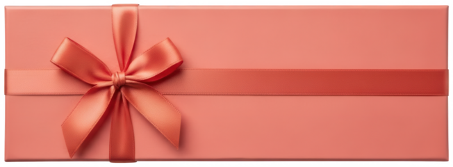 Elegant coral salmon colored gift box tied with beautiful satin bow isolated on transparent background for celebrations and holidays