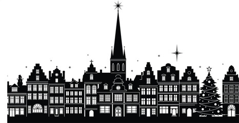 Fototapeta premium Christmas town village skyline silhouette vector illustration, snowy european city street with festive decorated christmas tree and church, holiday season 