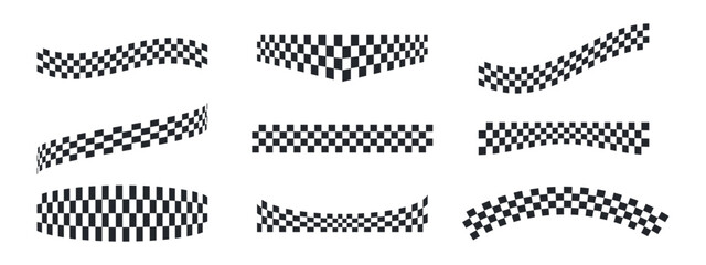 Racing checkered flag ribbons in various shapes. Black and white stripe patterns for motorsport finish line designs. Speed circuit banner elements. Vector graphic set.