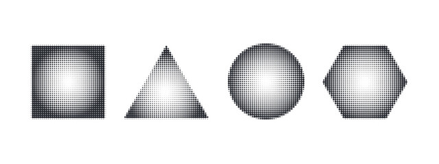 Gradient noise patterns featuring dotted geometric figures with halftone texture effects, circular and square elements in grainy black-white abstract compositions.