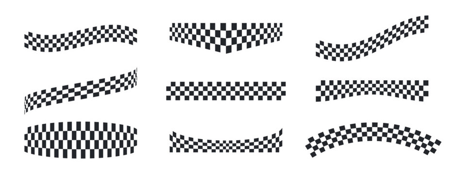 Racing checkered flag ribbons in various shapes. Black and white stripe patterns for motorsport finish line designs. Speed circuit banner elements. Vector graphic set.