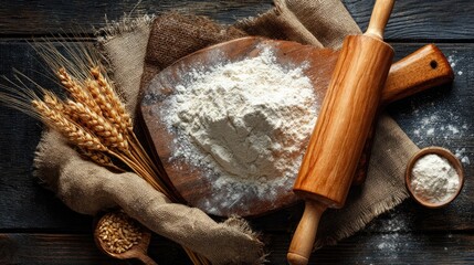 Baking essentials on rustic wooden table with flour and wheat