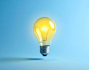 Illuminated incandescent bulb glowing against a soft blue background