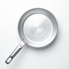 Overhead view of a new, metallic, non-stick frying pan on a white surface